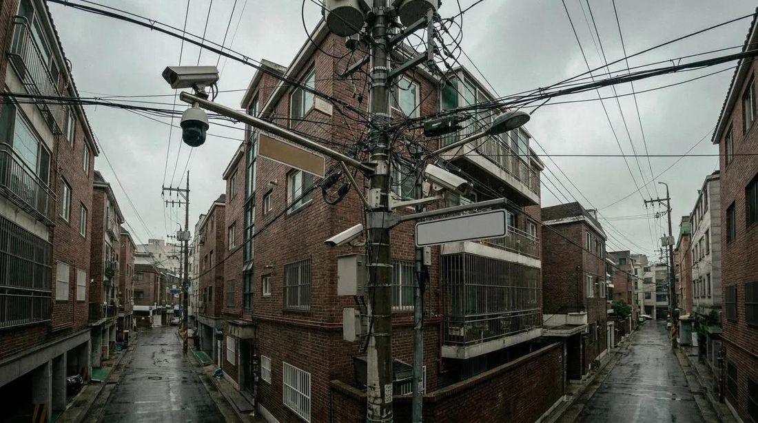 A utility pole carrying several surveillance cameras