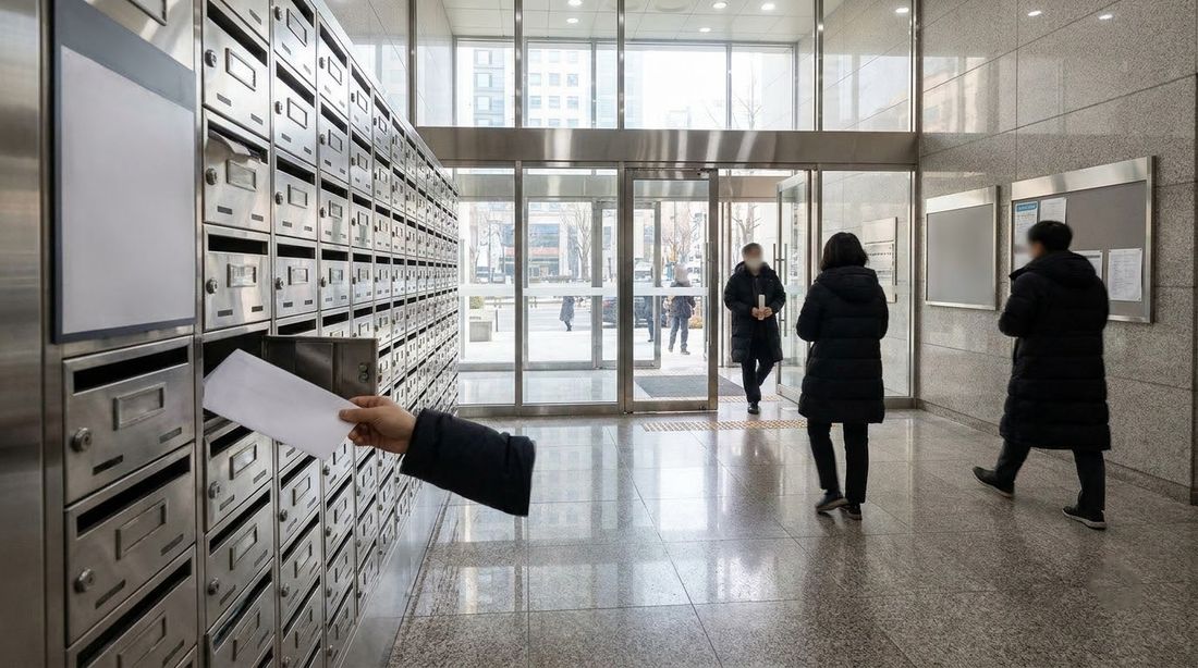 Mailboxes in the lobby of a Korean apartment building, where the national health checkup notice arrives every two years