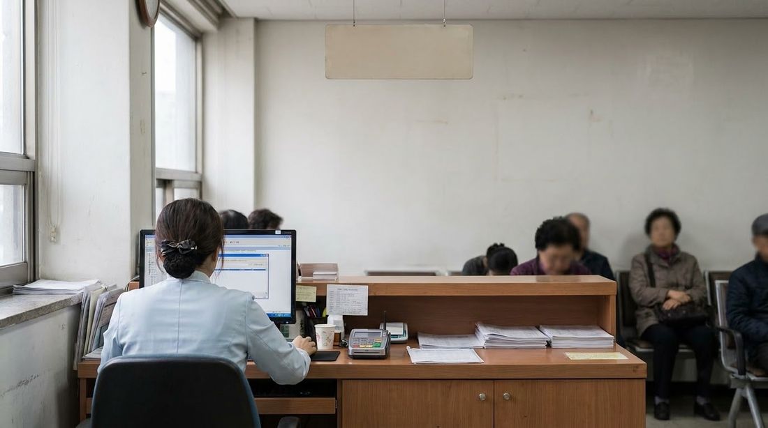 The reception desk of an ordinary Korean neighborhood clinic, where the free national checkup is performed
