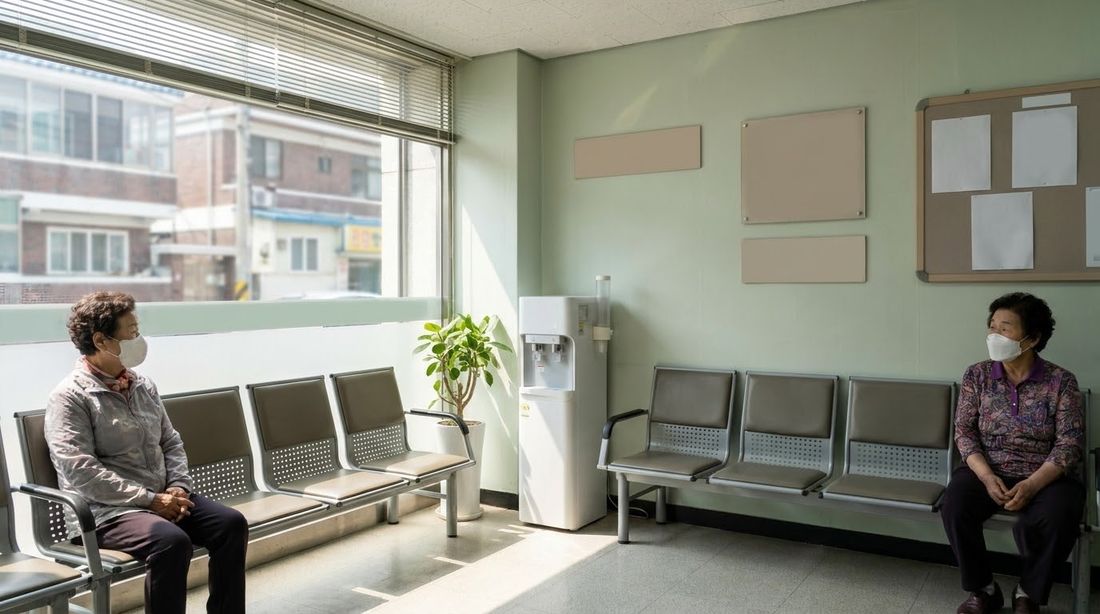 A mostly empty waiting room at a Korean neighborhood clinic, since about one in four eligible adults still skips the free exam