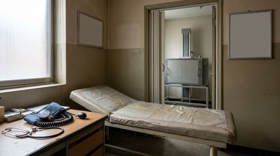 An examination room in a small Korean clinic with a blood pressure cuff and a chest X-ray room beyond
