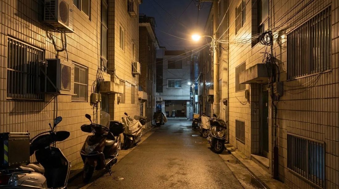 A narrow residential alley lit by a streetlamp at night