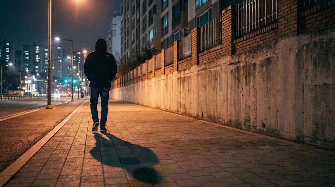 A person walking alone on a lit sidewalk at night