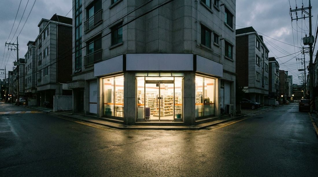 A brightly lit convenience store on an empty Korean residential street after midnight
