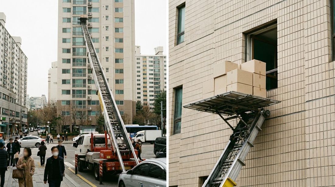 A moving-company ladder lift raised to an upper floor of a Korean apartment tower