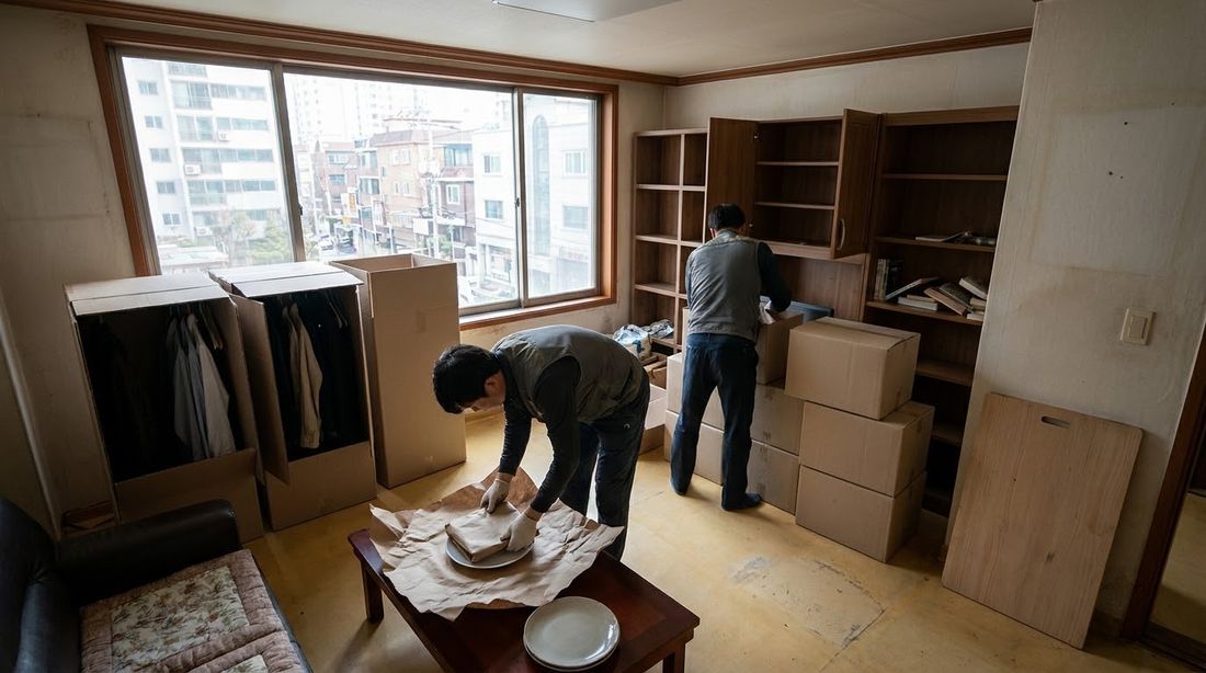 A crew packing dishes and wardrobe boxes inside a Korean apartment