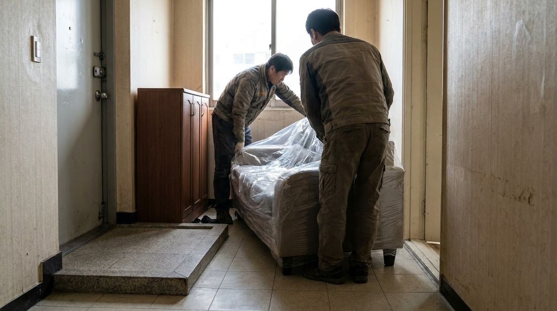 Two movers carrying a wrapped sofa through the entrance of a Korean apartment