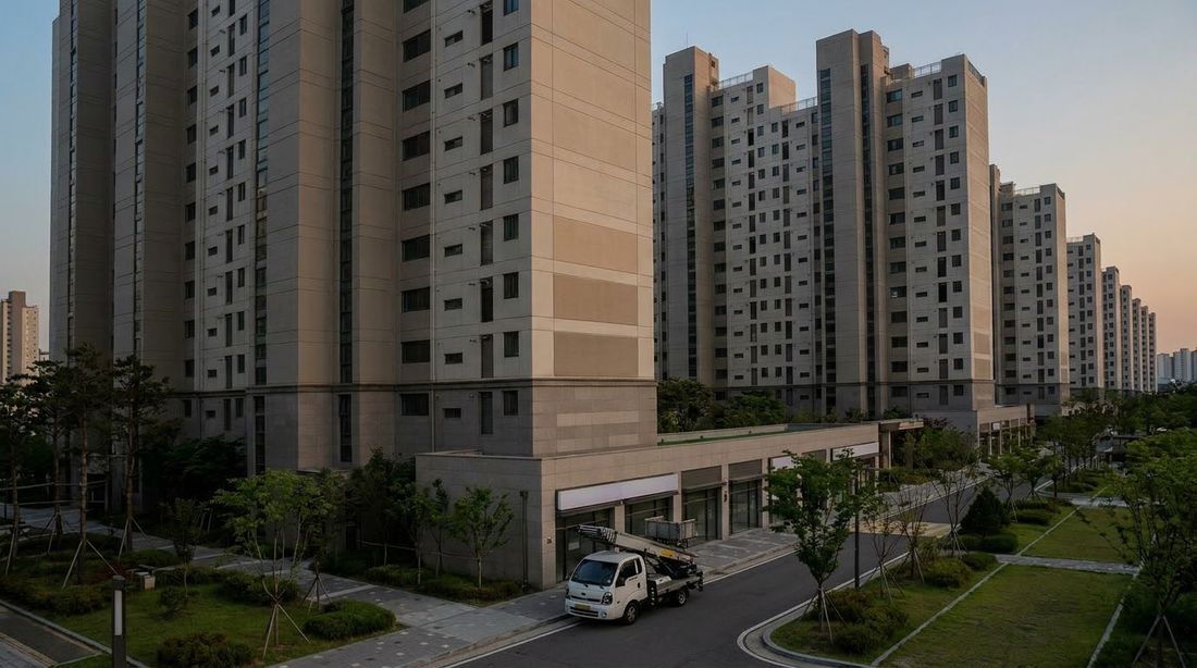 Korean apartment towers at dusk with a moving truck parked at the base