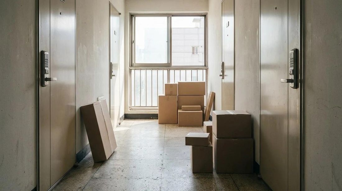 Parcels left outside apartment doors in a corridor