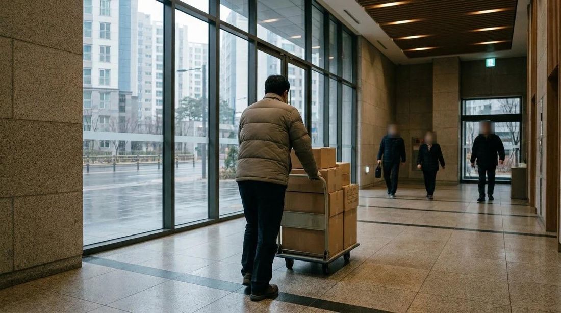 A delivery worker moving boxes through an apartment lobby