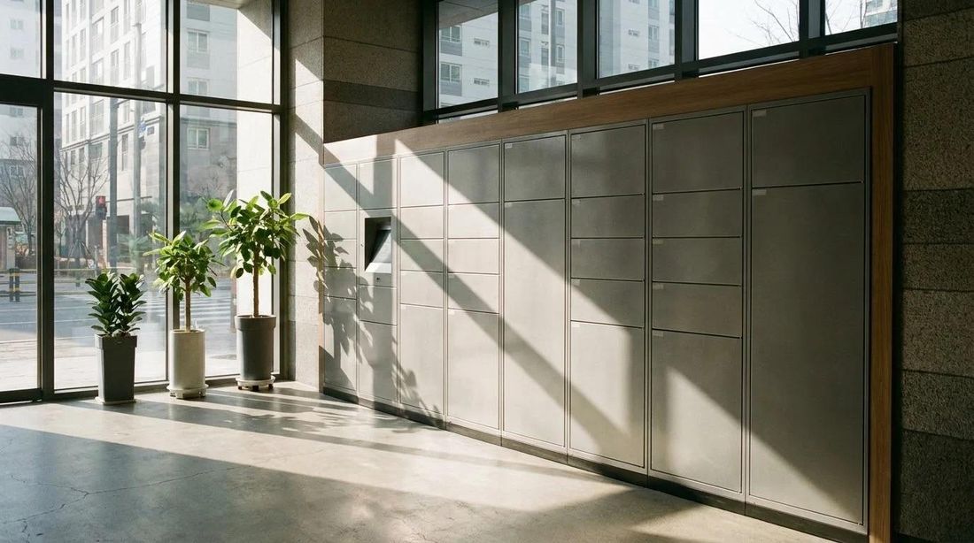 A wall of parcel lockers in an apartment lobby