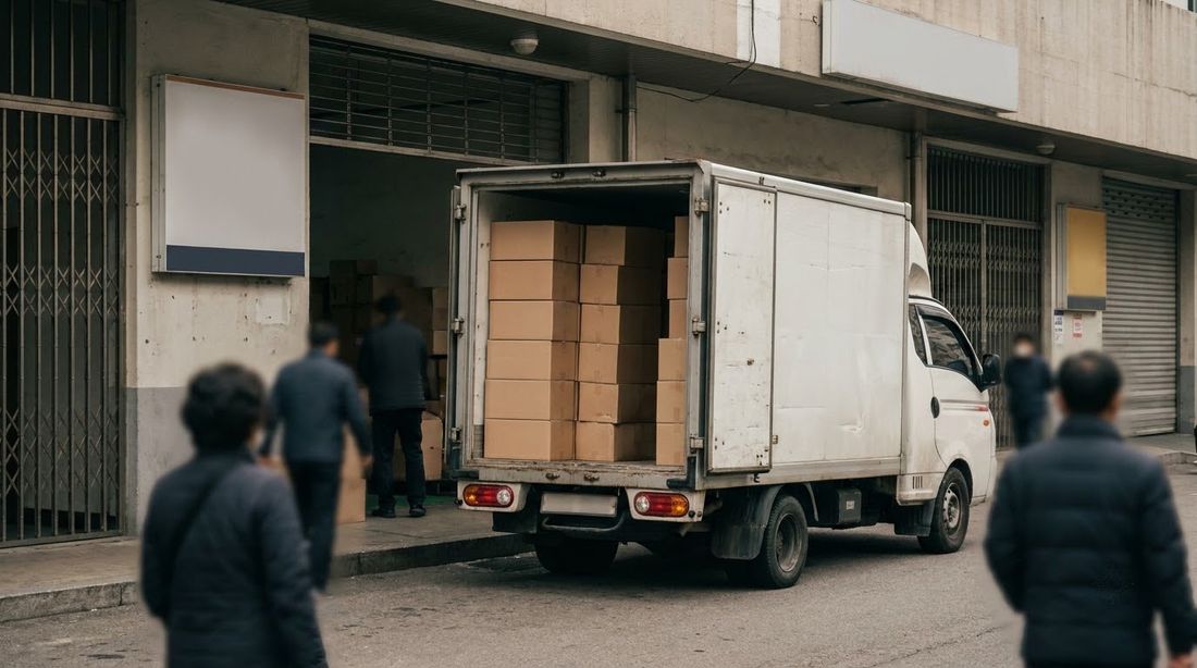 A delivery truck being unloaded at a Korean building's loading bay
