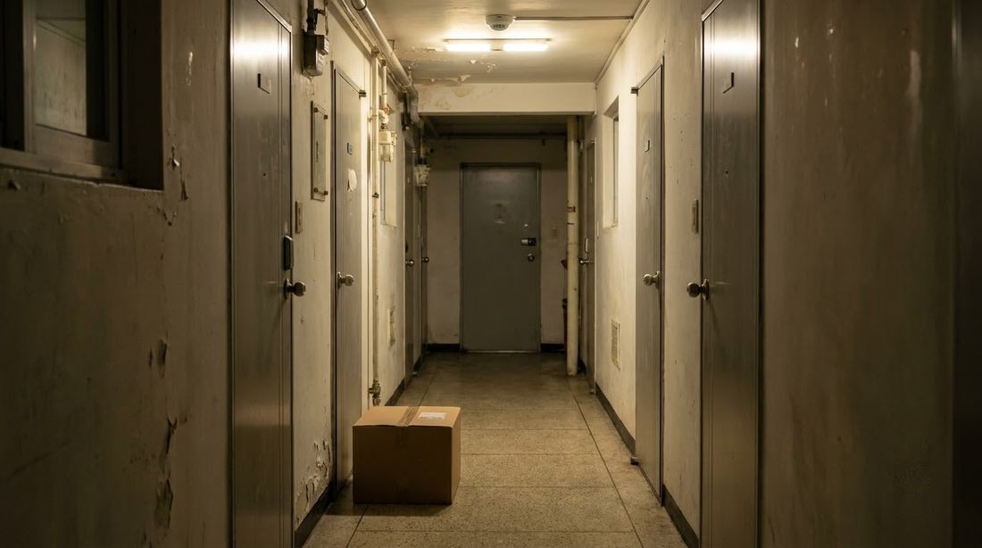 A single parcel left in front of an apartment door in a Korean corridor at night