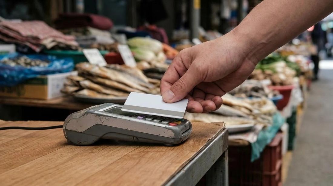 A hand tapping a card on a terminal at a market stall