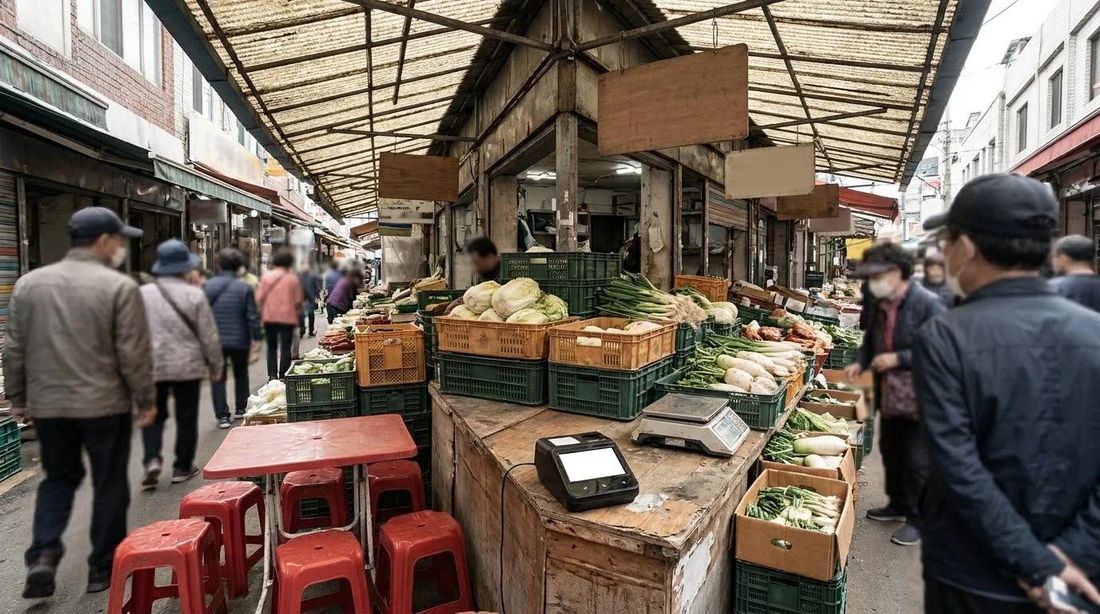A street market stall with a card terminal on the counter