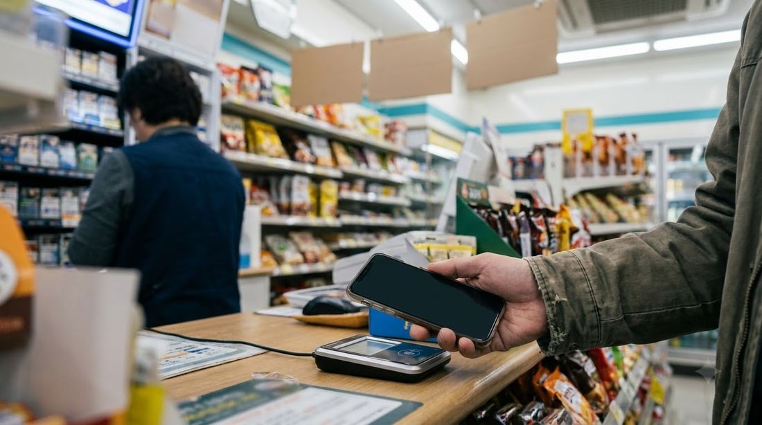 A hand holding a phone over a contactless terminal at a Korean convenience store counter