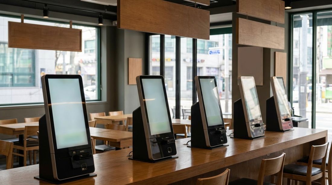 A row of unmanned ordering kiosks inside a casual Korean restaurant