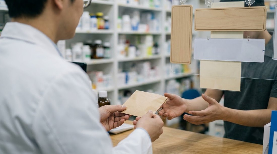 A pharmacist handing a paper envelope of dose-sorted medication across a counter