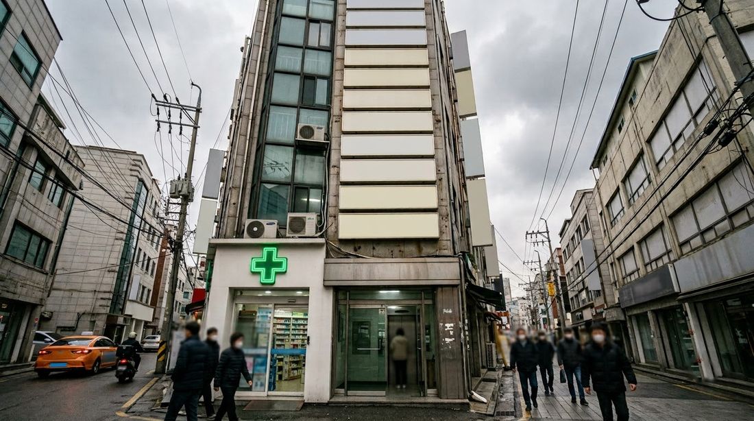 A narrow multi-story commercial building with a ground-floor pharmacy and a green cross sign beside the elevator entrance