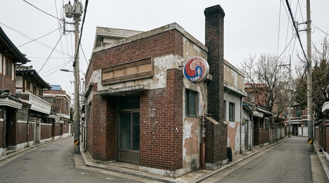 The red-and-blue spiral sign of a Korean neighborhood bathhouse mounted on a low building