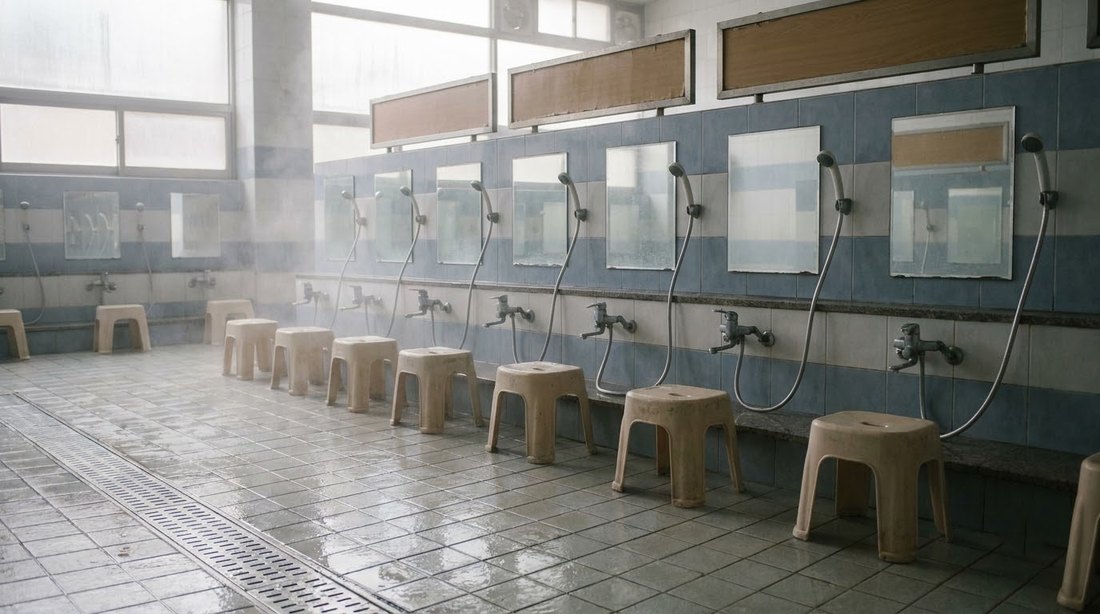 Empty tiled washing stations with low stools and mirrors inside a Korean bathhouse