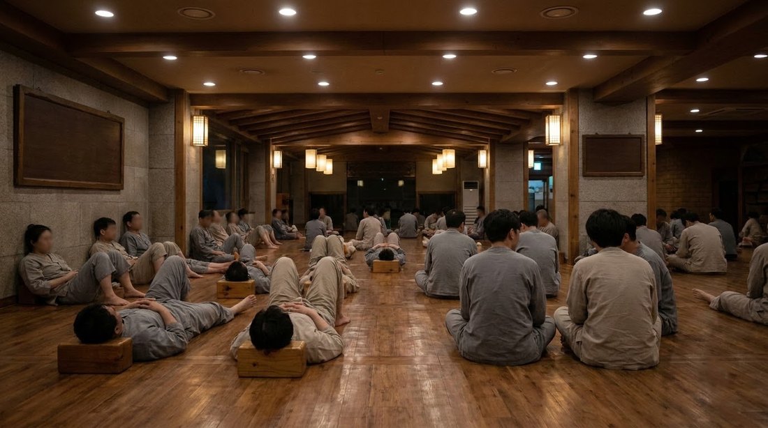 A jjimjilbang common room with people in matching cotton uniforms resting on a heated floor