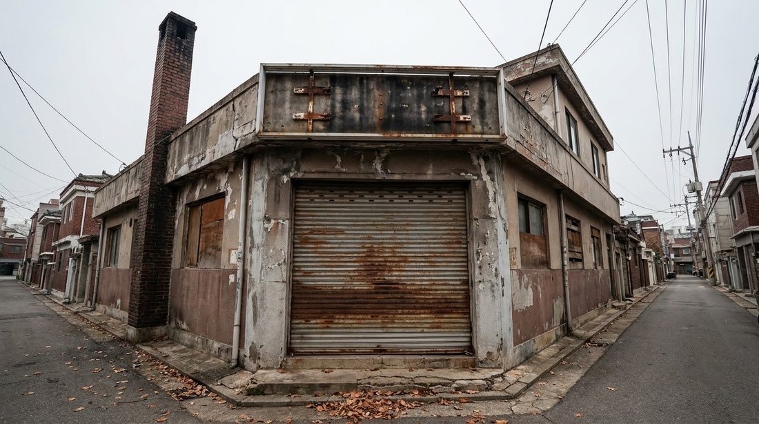 A shuttered neighborhood bathhouse with a faded sign and a closed metal gate