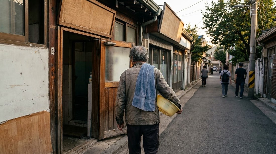 An elderly customer leaving a small Korean bathhouse with a towel over one shoulder