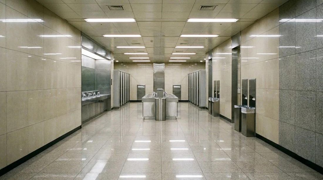 A clean tiled public restroom corridor in a subway station