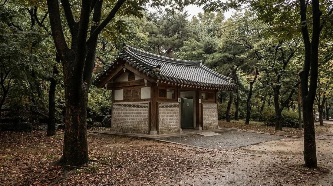 A public restroom building in a city park