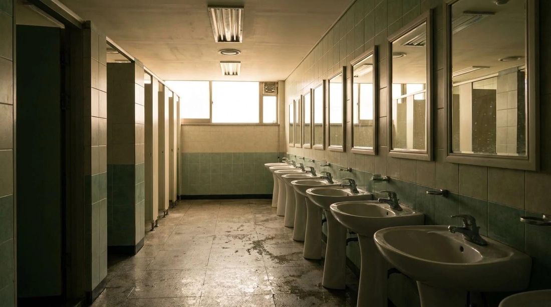 A row of washbasins in a public restroom