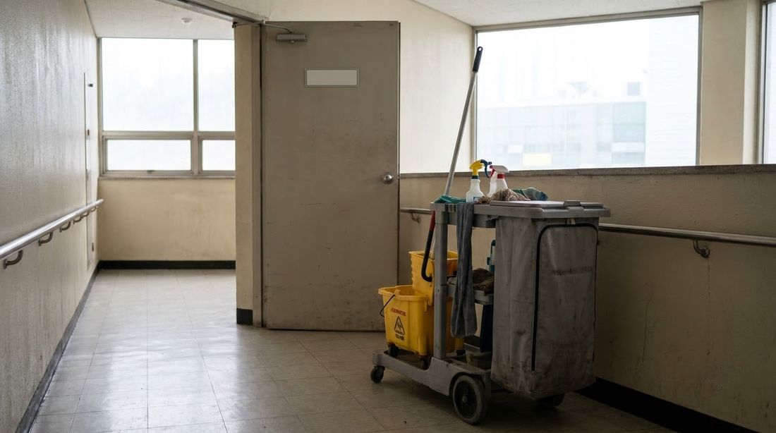 A cleaner's cart standing in the corridor outside a Korean public restroom