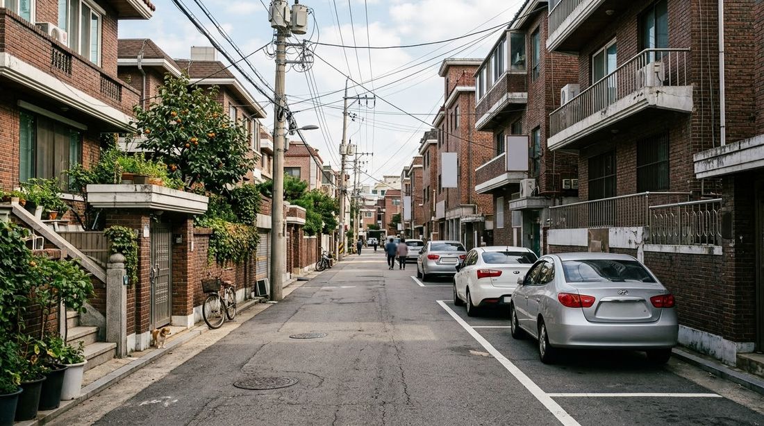 An older low-rise Korean residential street with cars parked along the curb