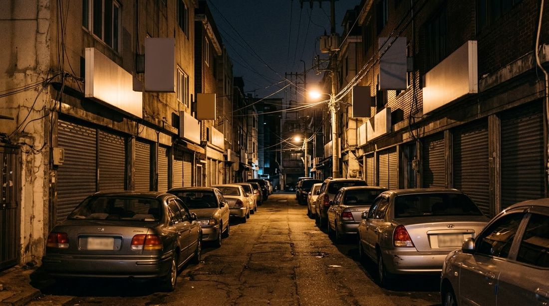 A narrow Korean alley at night with cars packed along both curbs