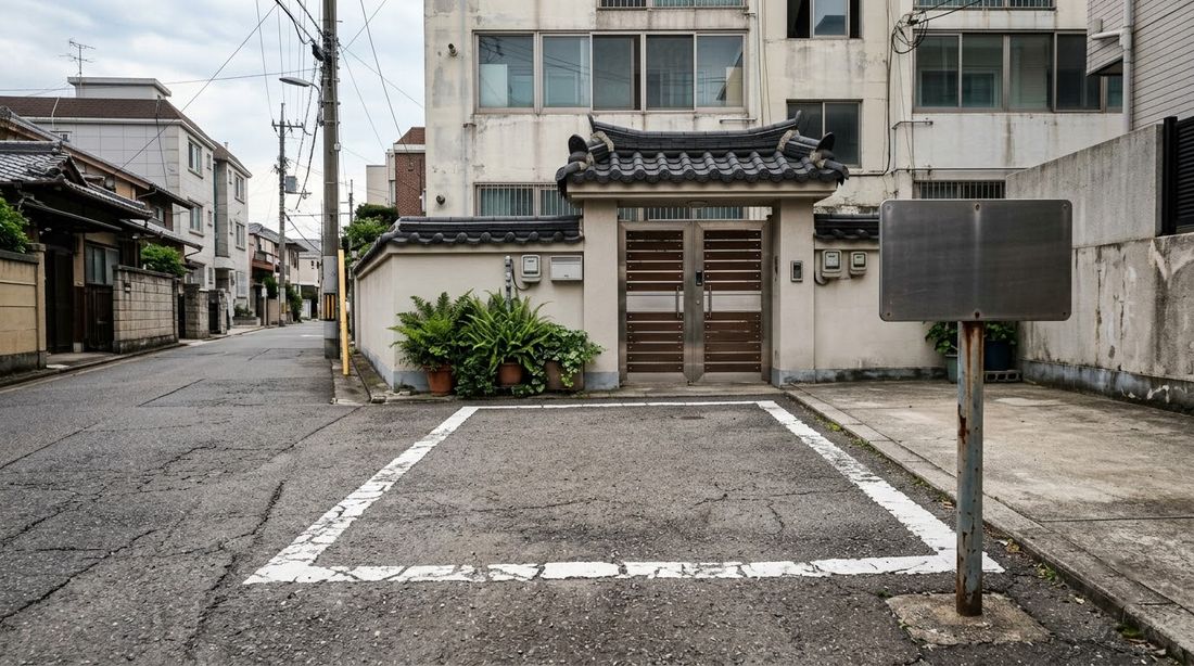 An empty numbered parking box painted on the asphalt in front of a house gate