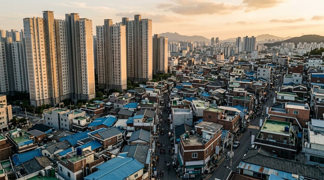Apartment towers standing directly beside a dense patch of low-rise housing at golden hour