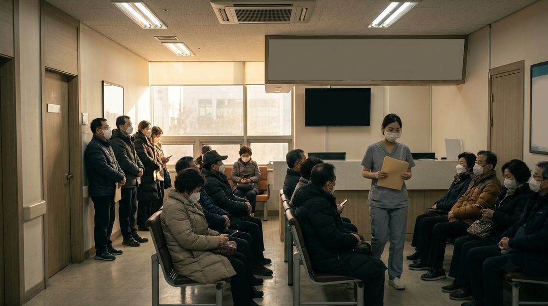 A crowded Korean clinic waiting room in the late afternoon