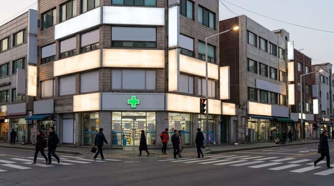 A Korean neighborhood street at dusk with a ground-floor pharmacy