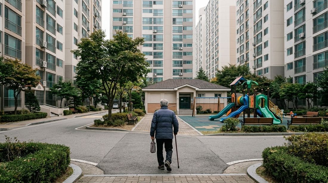 An older resident walking with a cane across a Korean apartment courtyard toward a small single-story community building