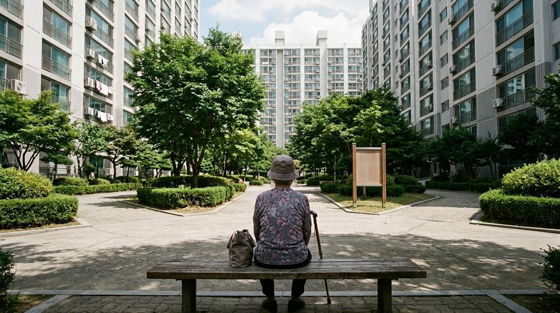 A single older resident sitting alone on a bench in the shaded courtyard of a Korean apartment complex