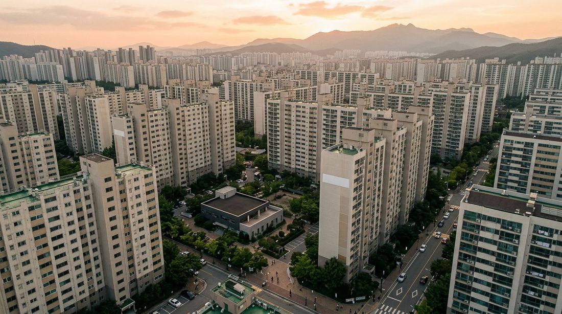 Golden-hour view over a dense Korean apartment district with a small low community building among the towers