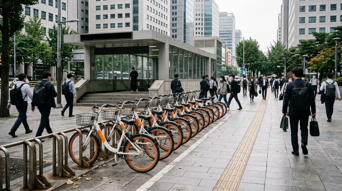 A rack of public rental bicycles lined up outside a Seoul subway station exit as commuters walk past