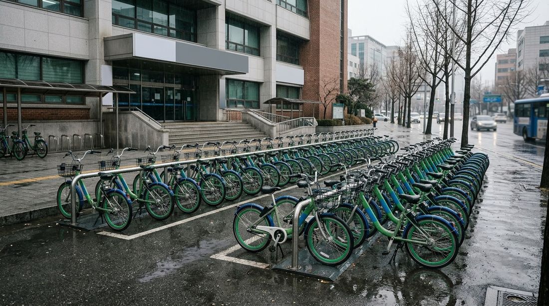 Rows of rental bicycles sitting idle in their docks outside a district office on a rainy day
