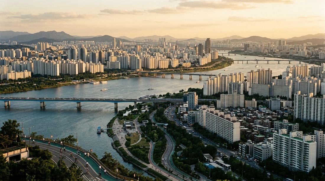 Elevated golden-hour view of a dense Seoul riverside, apartment towers packed to the embankment