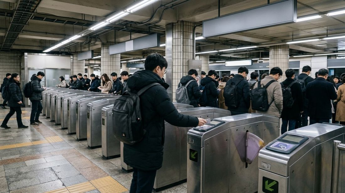 Commuters tapping transit cards at Seoul subway fare gates
