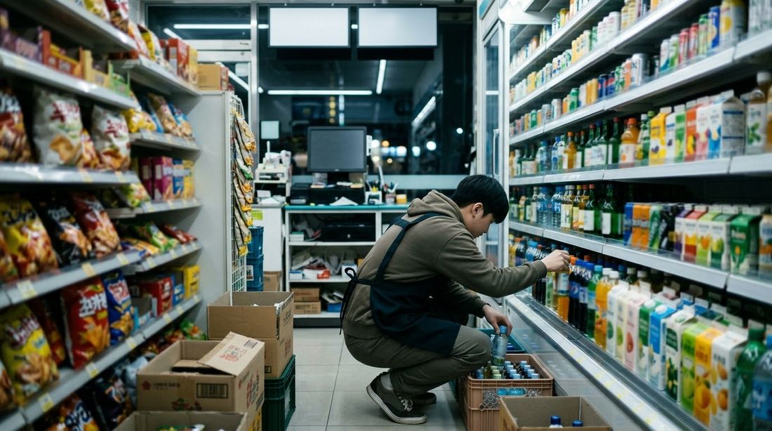 A part-time worker restocking drinks in a Korean convenience store at night