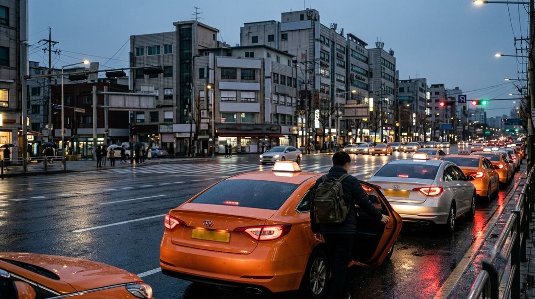 Taxis lined up along a Seoul avenue at dusk
