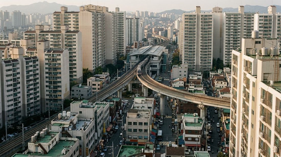 Dense Seoul apartment towers packed around an elevated transit line