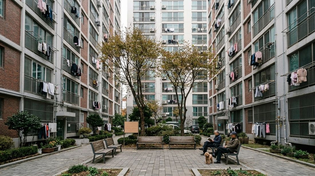 A small pocket park with benches wedged between tall Korean apartment towers