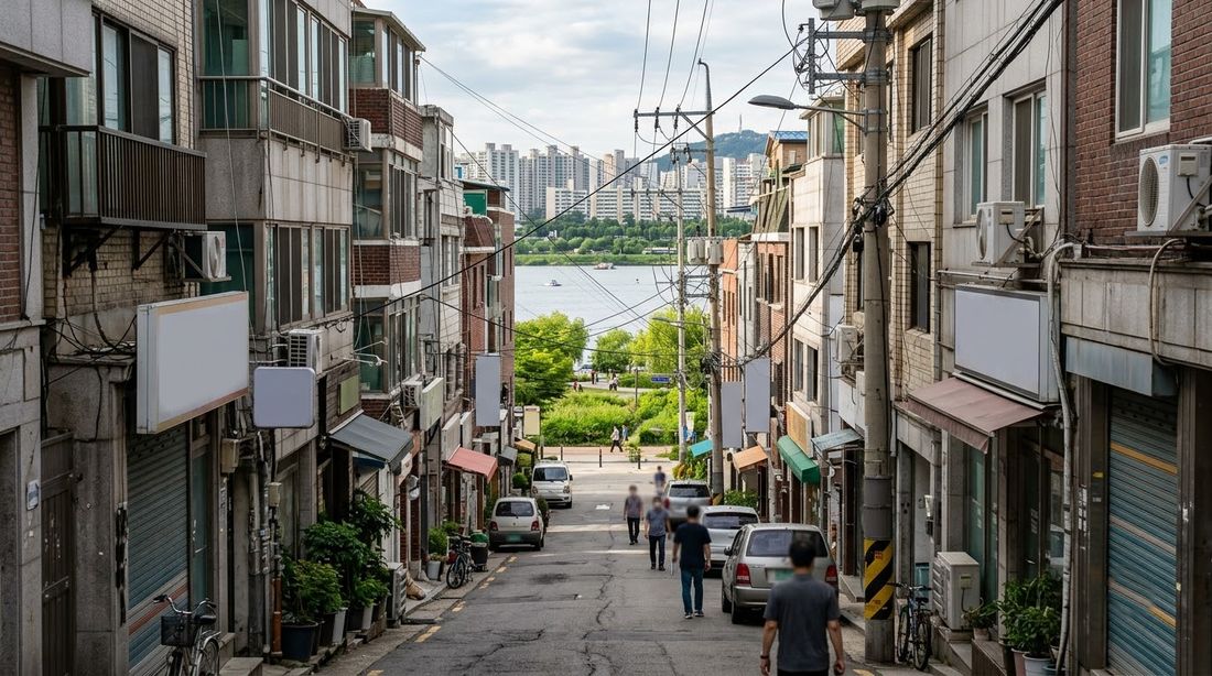 A narrow residential street in Seoul ending at the green riverside park